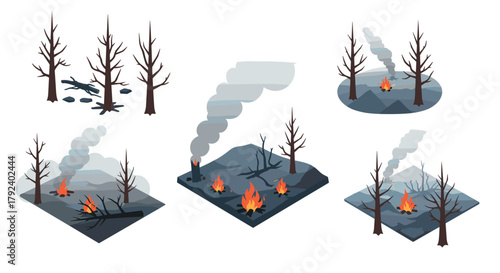 Isometric wildfire scenes with smoke and burnt trees
