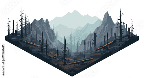 Isometric burnt forest landscape with mountains and dead trees in misty background