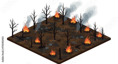 Isometric forest fire scene with burning trees and smoke