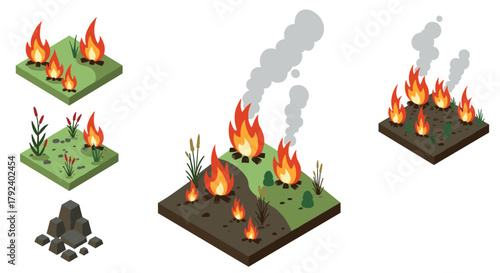 Isometric forest fire elements with smoke and flames on grass