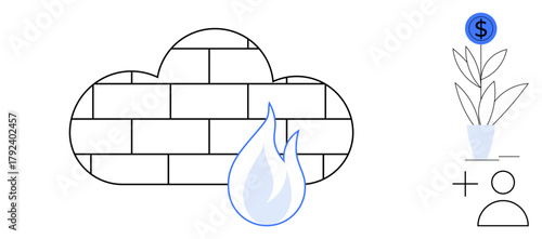 Brick cloud with fire represents firewall security. Coin on plant highlights financial growth. User icon suggests connectivity. Ideal for technology, cybersecurity, economy, network safety, user