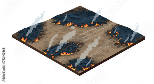 Isometric wildfire scene with smoke and flames in a forest landscape
