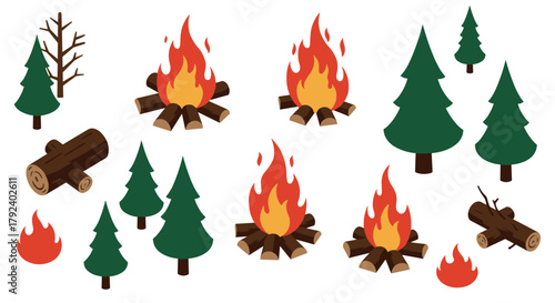 Camping essentials campfire and evergreen trees in a vibrant flat design