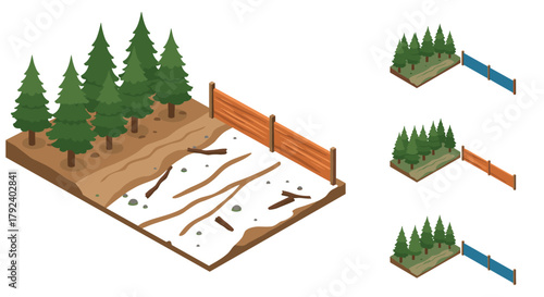 Isometric erosion control with vegetation and fences in different seasonal settings