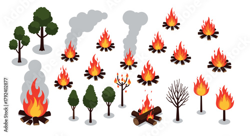 Isometric campfire and seasonal trees collection for outdoor adventure design