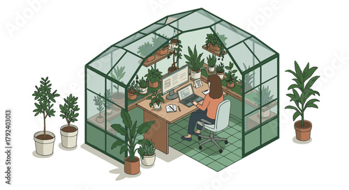 Remote work in home garden greenhouse with lush indoor plants and modern technology