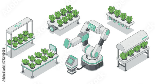 Isometric hydroponic farming technology featuring robotic arm in smart greenhouse