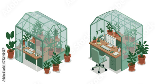 Modern greenhouse workspace with indoor plants and office setup