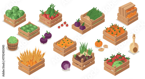 Fresh produce in crates isometric design showcasing organic vegetables and grains