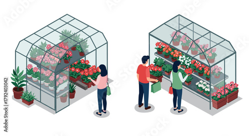 People shopping in an isometric greenhouse filled with colorful plants and flowers