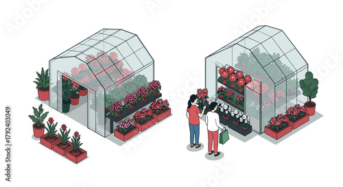 Isometric greenhouse scene with people and plants in a garden center setting