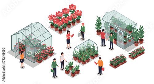 Isometric greenhouse scene with people and various plants in detailed garden setting