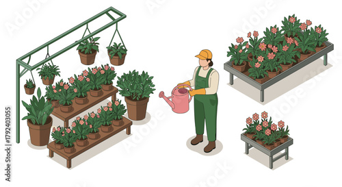 Gardener watering plants in isometric greenhouse nursery setup
