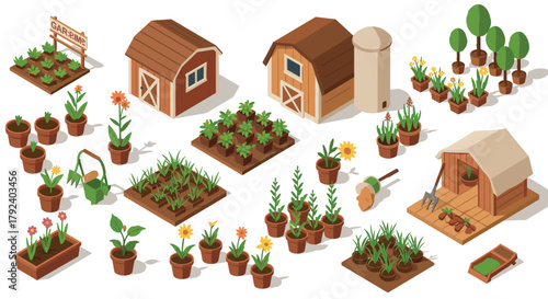 Isometric garden set with plants, flower pots, and farm buildings for landscaping