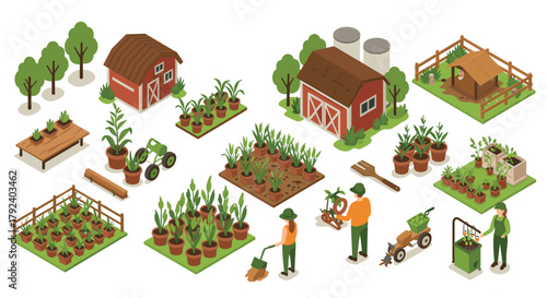 Isometric farm scene with barns, crops, and farmers in various activities