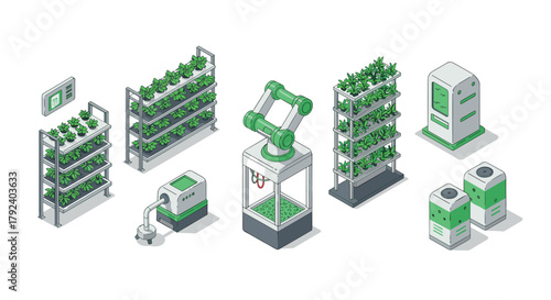 Futuristic vertical farming technology with automated robotics and hydroponic systems