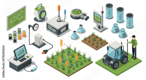 Advanced farming technology isometric style depicting precision agriculture and modern equipment