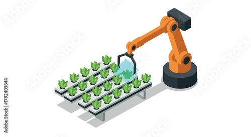 Isometric robotic arm tending to hydroponic lettuce in futuristic farm setting