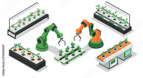Isometric smart farming robotic arms nurturing plants in automated greenhouse