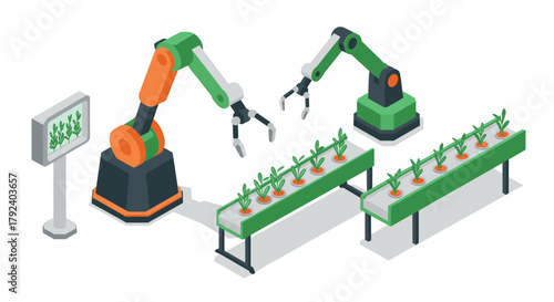 Isometric robotic farming automation smart agriculture with robotic arms and hydroponic systems
