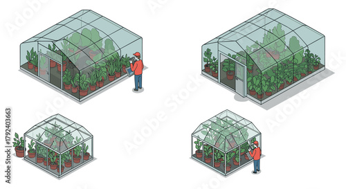 Isometric greenhouses modern botanical structures with lush plants and human figures
