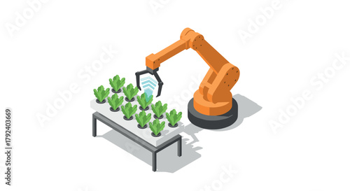 Isometric robotic arm harvesting lettuce in modern smart farming technology