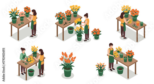 Gardening enthusiasts arranging flowers in isometric style with blooming plants