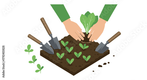 Gardening with hand tools isometric planting of vegetables in soil