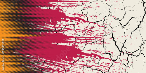 Bright red halftone dot pattern with energetic black orange splashes - contemporary digital art. modern vector.