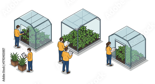 Isometric greenhouse concepts with people caring for plants in various scenarios