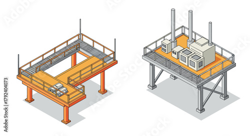 Isometric industrial platforms with equipment and pipes on elevated structures