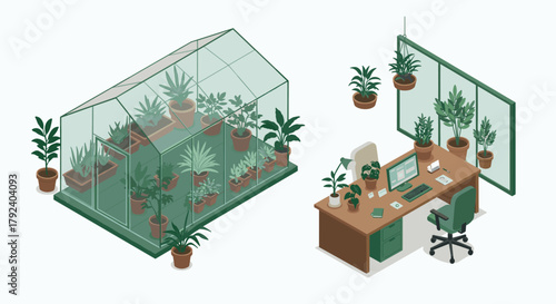 Isometric greenhouse and office desk with indoor plants and computer setup