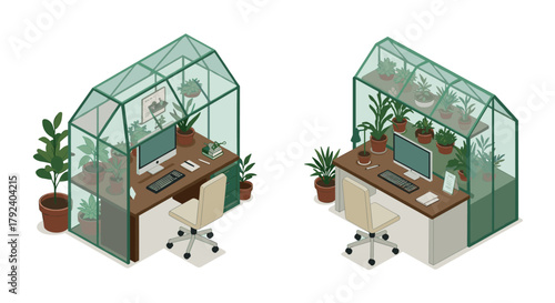 Greenhouse office workspace with plants and modern desk design