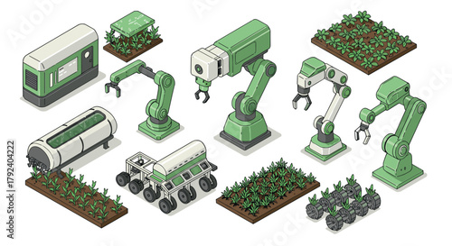 Futuristic agriculture technology with robots and automated farming equipment in isometric design
