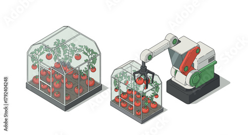 Futuristic greenhouse automation with robotic arm harvesting tomatoes