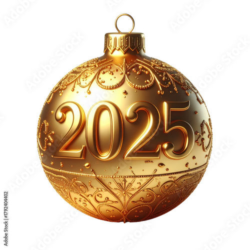 Gold Christmas ball as a New Year 2025 isolated on white and transparent background