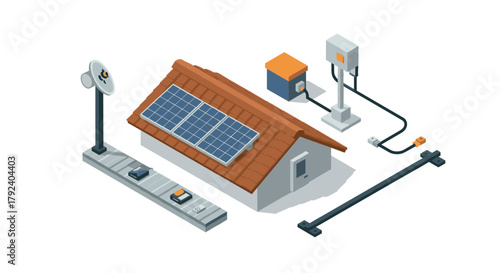 Sustainable energy concept with isometric solar panels and charging station elements