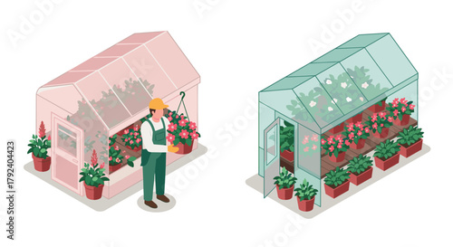 Isometric greenhouse designs with florist and potted flowers