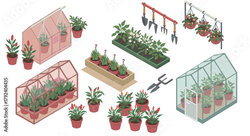 Isometric greenhouse and gardening tools with potted plants