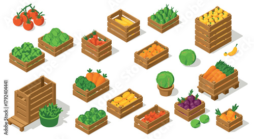 Isometric vegetables in wooden crates and baskets on white background