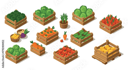 Isometric fresh produce in wooden crates with vegetables and fruits