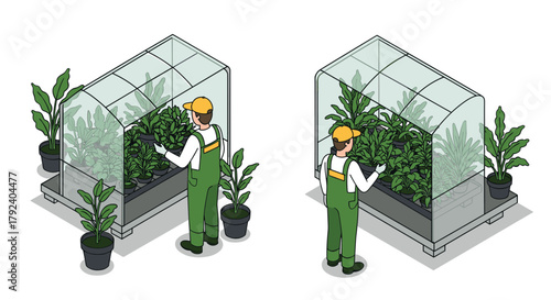 Isometric greenhouse gardening with plants and gardener in action