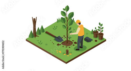 Isometric tree planting scene with gardener in nature setting