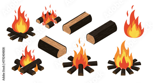 Campfire and logs set with vibrant flames and wooden logs