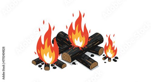 Campfire logs with bright flames on white background