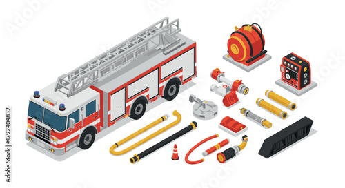 Isometric fire truck and equipment set comprehensive firefighting tools