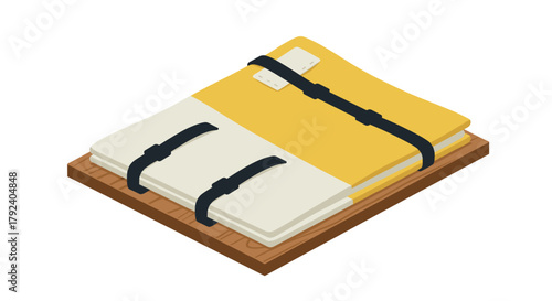 Isometric life jacket on wooden platform safety gear concept