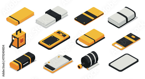 Isometric icon set of modern compact cameras and accessories in yellow black white palette