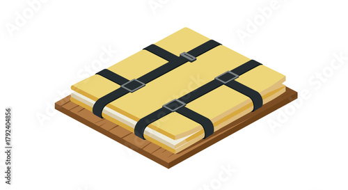 Isometric pallet with secured yellow packages on wooden base
