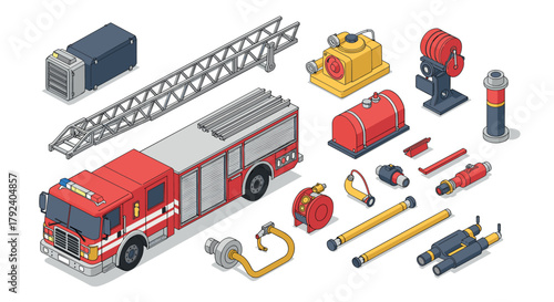 Isometric fire truck and equipment set with ladders, hoses, and tools